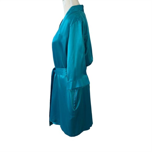 Cabernet Short Satin Wrap Robe & Chemise Nightgown Small and Medium Peacock Blue - Picture 10 of 12